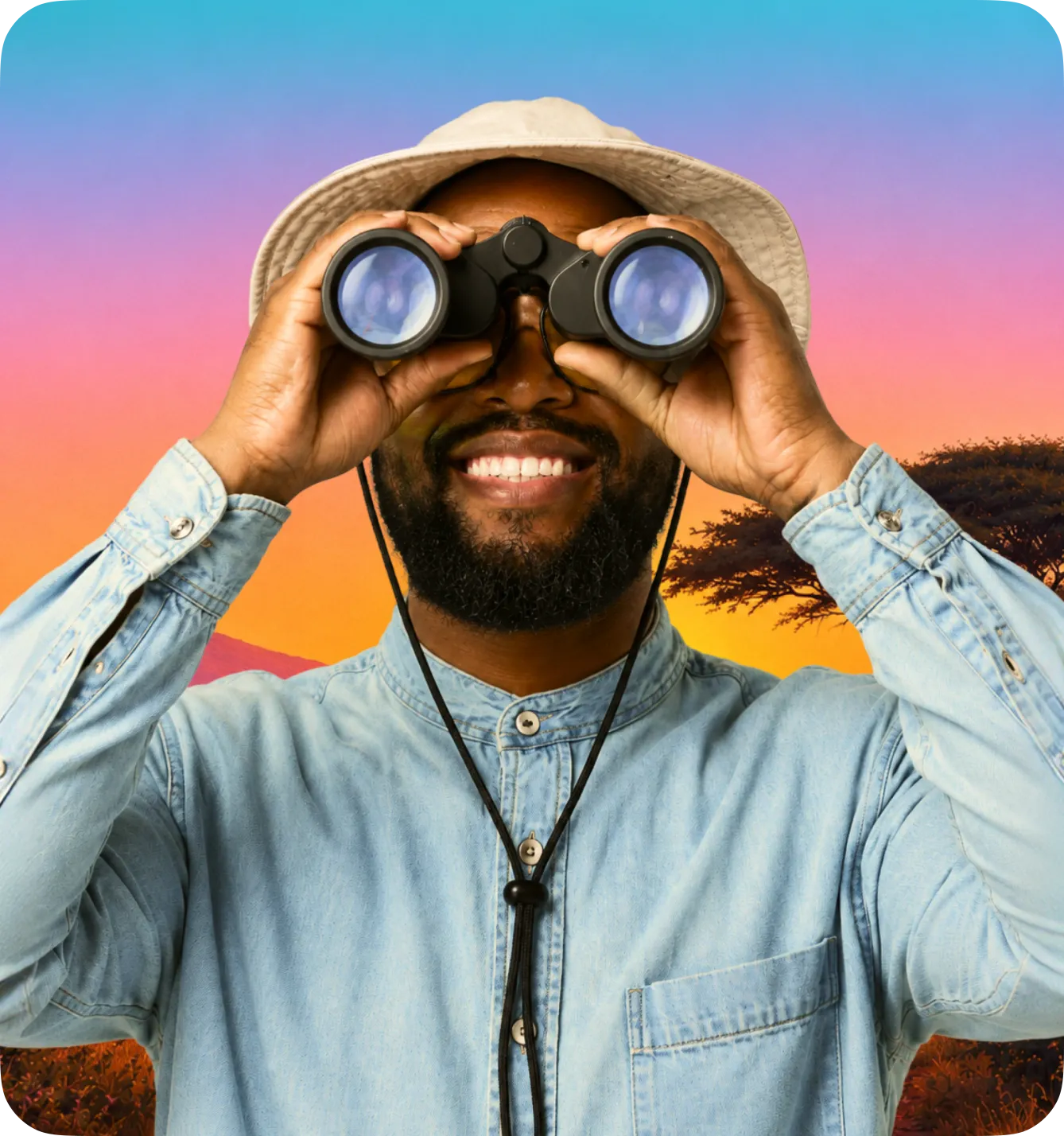 A traveller looking through binoculars against a sunset sky